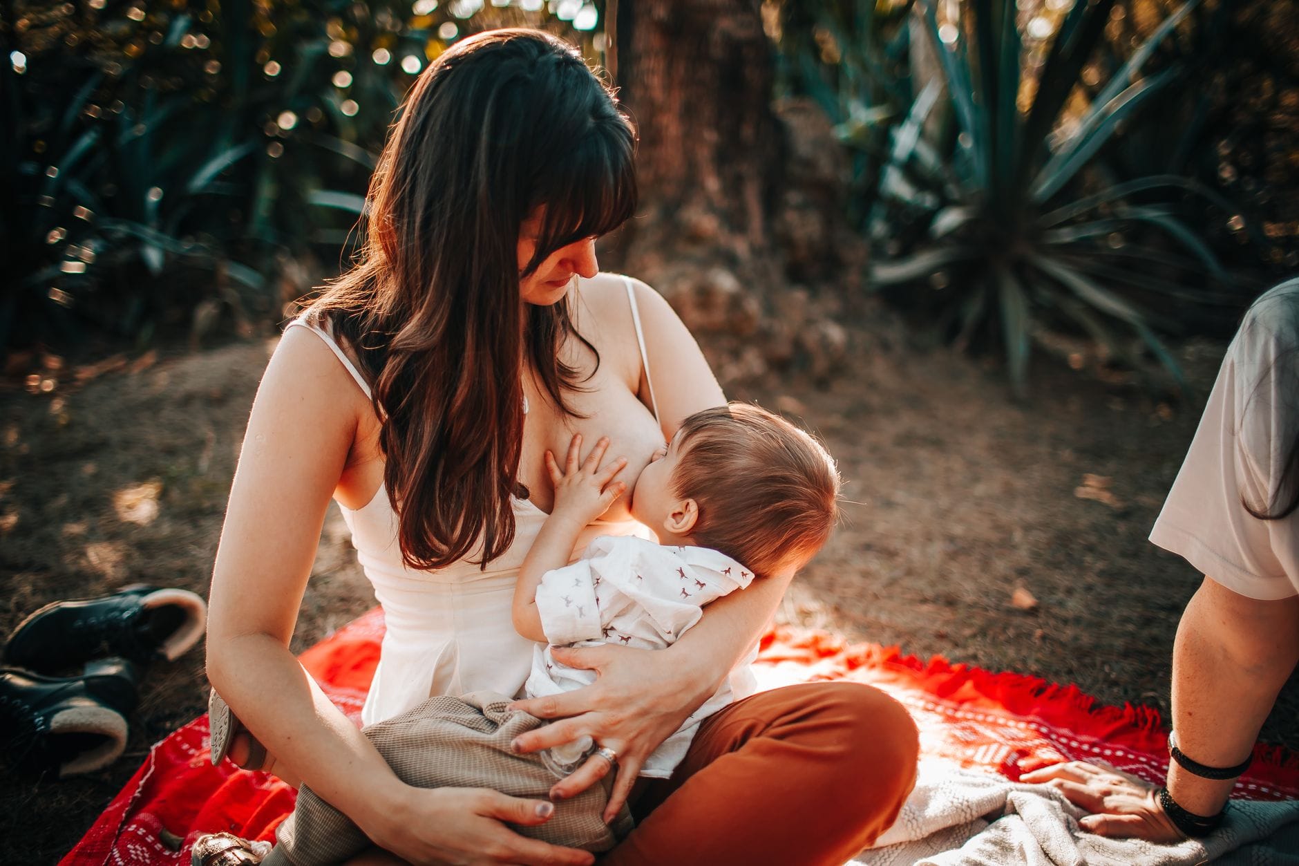Mama karmi piersią niemowlę na zewnątrz w słoneczny dzień